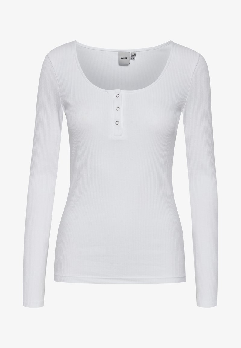 Top bianco a maniche lunghe in tessuto a coste, con scollatura a girocollo e una patta con tre bottoni sul petto, dotato di una silhouette aderente e texture liscia.