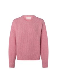 Zacht roze gebreid sweater met lange mouwen, geribbelde manchetten en een ronde halslijn.