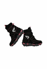 Zwarte suède laarzen met grijze accenten, roze details en zwarte rubberen zolen. Voorzien van verstelbare banden en een gevoerd kraagje voor extra comfort.