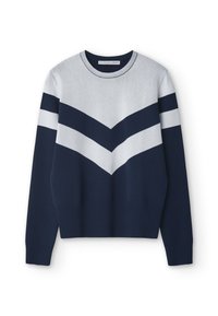 Pull bleu marine et gris clair avec un motif en chevron, confectionné en tissu tricoté avec des poignets et un ourlet côtelés. Encolure ronde.