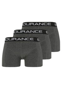 Drie paar donkergrijze boxershorts met een elastische zwarte tailleband waarop 'ENDURANCE' in het wit is gedrukt. Zachte stoftextuur.