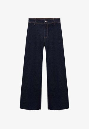 Jeans larghi in denim scuro con vita alta, orlo grezzo e dettagli in cucitura arancione. Realizzati in robusto tessuto di cotone.