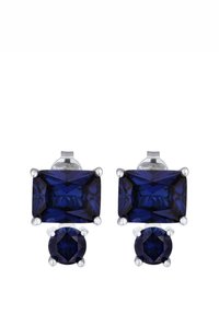 Rechteckige und runde dunkelblaue Edelsteine, die in silberfarbigem Metall gefasst sind. Das Design verfügt über vier Krappenfassungen für sicheren Halt.