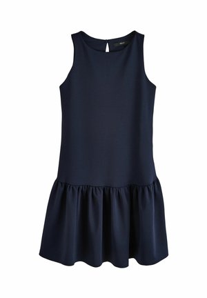 Tumedat sinise värvi ilma varrukateta kleit, millel on sobituv ülaosa, laienev volangiga alus ja võtmeaugu taga sulgemine. Pehme, sile kangas.