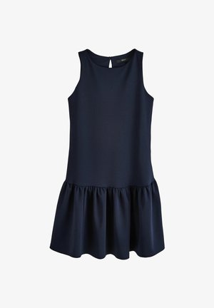 Laivansinis ilmanhiha dressi, jossa on istuva vartalo-osa, liehuva röyhelöhelma ja avonainen selkäpuoli. Pehmeä ja sileä kangas.