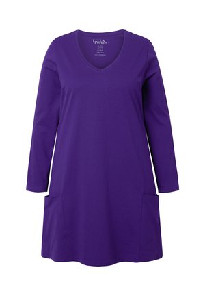 Fioletowa tunika z długim rękawem, z dekoltem w serek, z bocznymi kieszeniami, wykonana z bawełny, o gładkiej fakturze, do kolan.