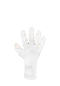 Gant de gardien de but blanc avec des points de grip en silicone, une paume texturée et des coutures renforcées. Poignet élastique pour un ajustement serré et un soutien optimal.