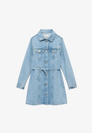 Rochie din denim de culoare albastru deschis, cu mâneci lungi, închidere cu nasturi, buzunare la piept, guler și cordon la talie.