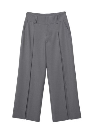 Sivé široké nohavice s prednými záhybmi, pútkami na opasok a bočnými vreckami, zobrazené na rovine na bielom pozadí.