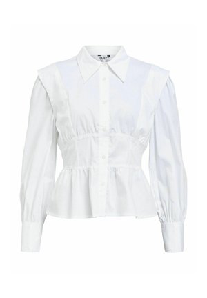 Witte blouse met lange mouwen, een gekraagde hals, knoopsluiting aan de voorkant, een Gathering taille en pofmouwen. Gladde katoenen stof met een peplumdesign.