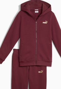 Completo con felpa e pantaloni di colore bordeaux in tessuto morbido, caratterizzato da un logo Puma dorato su entrambi i capi e tasche laterali sulla felpa.