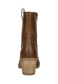 Brown leren enkellaarsjes met een gladde afwerking, uitgerust met een stevige blokhak, ritsdetail aan de zijkant en minimale stiksels.