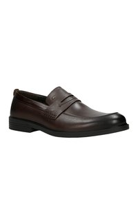 Brown leather slip-on shoe with a rounded toe, layered front design, and textured accents. Features a rubber outsole and minimal stitching.