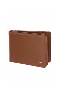 Portefeuille brun en cuir bi-pli avec coutures visibles et petit emblème argenté en bas à droite.