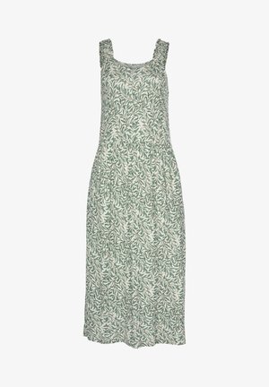 Blumenkleid in Midilänge aus leichtem Stoff, mit einem grünen Blättermuster auf cremefarbenem Hintergrund, quadratischem Ausschnitt und gerafften Rüsche-Trägern.