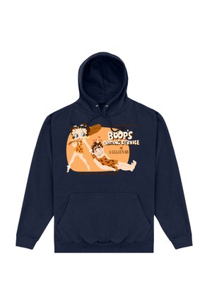 Granatowa bluza z kapturem z grafiką w stylu kreskówki przedstawiającą dwie postacie w strojach jaskiniowców, z napisem "Usługi randkowe Boopa" oraz numerem kontaktowym.