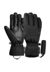 Zwarte handschoenen van leer en synthetisch materiaal, met een strakke pasvorm, elastische manchetten en verstelbare polsbanden voor extra beveiliging.