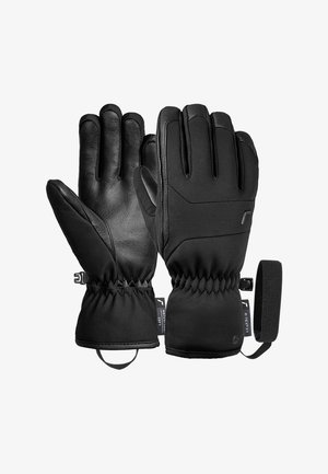 Black gloves made of leather and synthetic material, featuring a snug fit, elastic cuffs, and adjustable wrist straps for security.