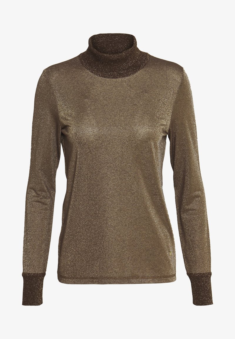 Haut à manches longues en bronze métallique à col roulé avec poignets ajustés et texture lisse légèrement brillante.