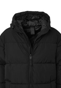 Giubbotto imbottito nero con chiusura a zip, texture a coste e cappuccio. Il tessuto appare liscio con una leggera finitura lucida.