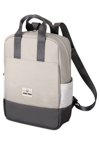 Szürke és bézs hátizsák, téglalap alakú, könnyű anyagból készült, két felső fogantyúval és állítható pánttal, fekete alsó panellel.