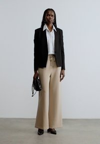 Must bleiser, valge triibuline särk, beež laiad püksid ja must käsikott. Teravate ninadega mustad kingad. Modell seisab neutraalse tausta ees.