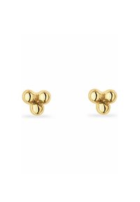 Gold metal stud earrings featuring a triple bubble design, smooth texture, and polished finish, with a compact shape and no embellishments.