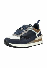 Sneaker con tomaia in suede blu navy, dettagli grigi, marroni e bianchi, suola testurizzata e collarino imbottito per il comfort.
