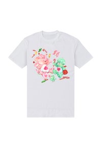 T-shirt bianco in cotone con un'illustrazione colorata di due elefanti cartone e piccoli uccelli tra elementi di caramelle e frutta.