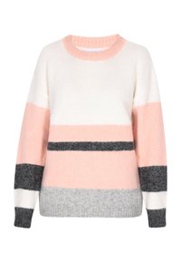 Pulover rayat cu benzi de culoare roz deschis, gri și negru. Construit dintr-un material tricotat moale, cu guler rotund și mansete ribanate.