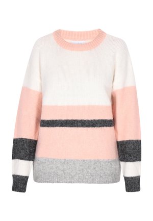 Striped sweater featuring light pink, gray, and black bands. Constructed from soft knit fabric with a crew neckline and ribbed cuffs.