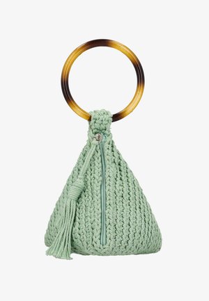 Mintunvihreä neulottu käsilaukku kolmionmuotoisena, jossa on vetoketju ja hapsu, viimeistelty ruskealla pyöreällä kahvalla.