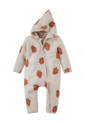 Cremefarbener Baby-Overall mit Kapuze, Frontreißverschluss und ganzflächigen rostfarbenen Bärenmustern.
