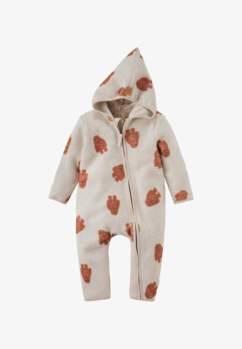 Crème-kleurige baby romper met capuchon, voorkant met rits en een all-over patroon van roestkleurige beren.