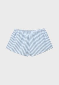 Boxer en coton à rayures bleu clair et blanc avec ceinture élastique, posé à plat sur un fond blanc.