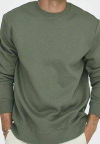 Felpa verde oliva realizzata in tessuto morbido, con scollo rotondo e polsini a costine. Design semplice senza motivi o dettagli visibili.