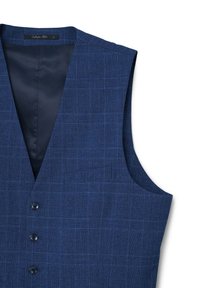 Gilet da uomo a quadri blu con tre bottoni scuri e una fodera interna liscia di colore scuro, taglia grande.