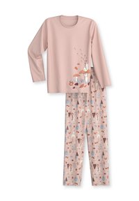 Lange mouwen roze pyjamapully met een afbeelding van een vos tussen paddenstoelen, gecombineerd met bijpassende roze broeken met een kleurrijk natuurpatroon.