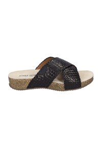 Black woven slide sandal with a cork sole, featuring a textured upper and a cushioned insole for comfort. No heel elevation.