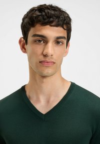Grüner V-Ausschnitt-Pullover mit glatter Strickstruktur. Hat einen tiefen Ausschnitt und eine figurbetonte Form. Das Modell hat kurzes, lockiges, dunkles Haar.