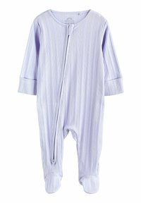 Lila bordázott babakosztüm hosszú ujjakkal, lábakkal rendelkező kialakítással és elől cipzárral. Puha tapintású, kerek nyakkivágással és passzos ujjakra.