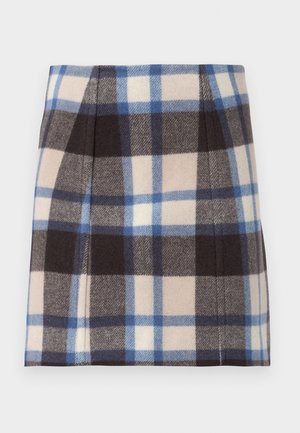 Rudet miniskørt i beige, brune og blå nuancer. Lavet af blødt stof med en tekstureret overflade og flade plisseringer for formens skyld.