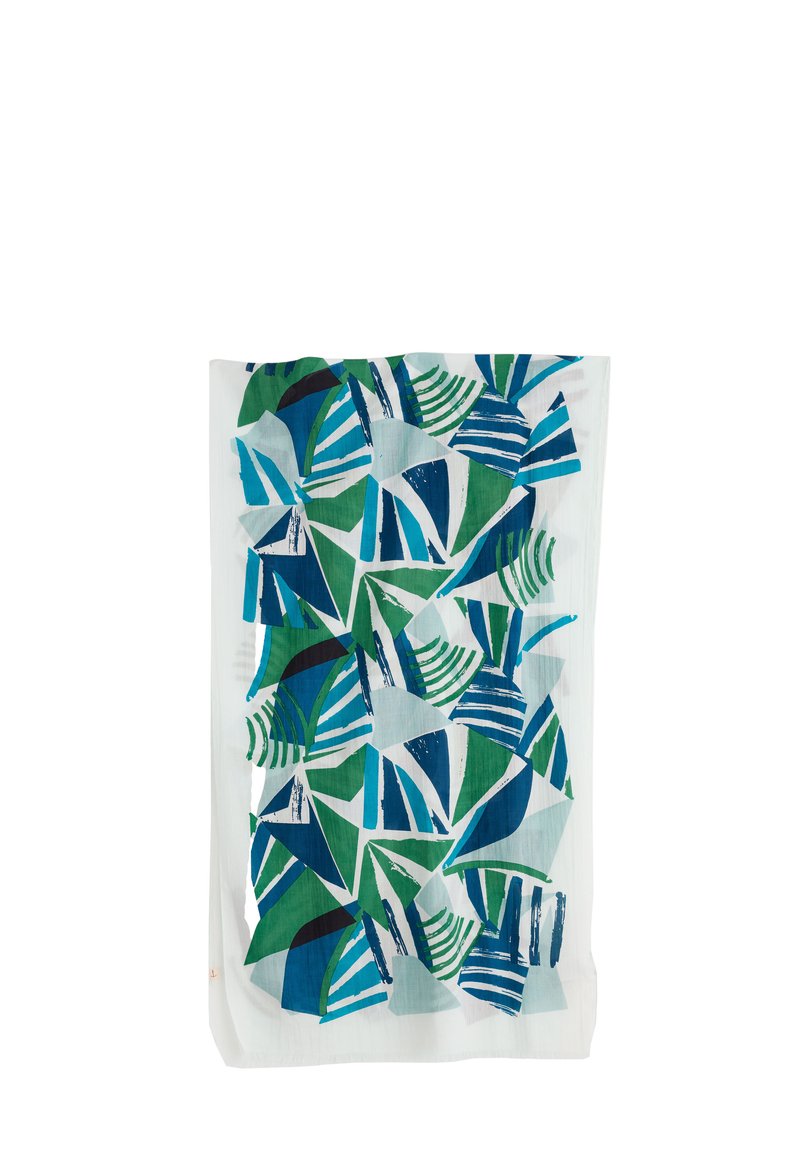 Bufanda de algodón con patrones geométricos abstractos en tonos de verde, azul y blanco. Textura ligera y suave con formas y líneas variadas.