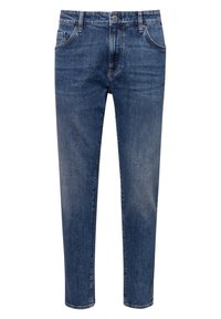 Sinimuotoiset siniset farkut, joissa on kapea fit, nappi- ja vetoketjukiinnitys, etutaskut sekä hieman haalistunut pesu jaloissa.