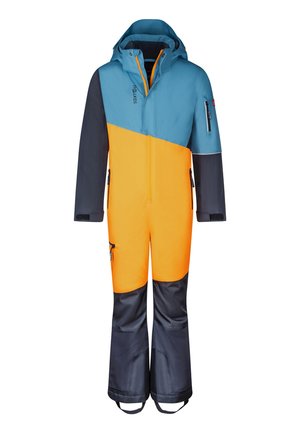 Children's ski suit, featuring a waterproof design. Blue, orange, and navy color block pattern. Zippered pockets and adjustable cuffs.