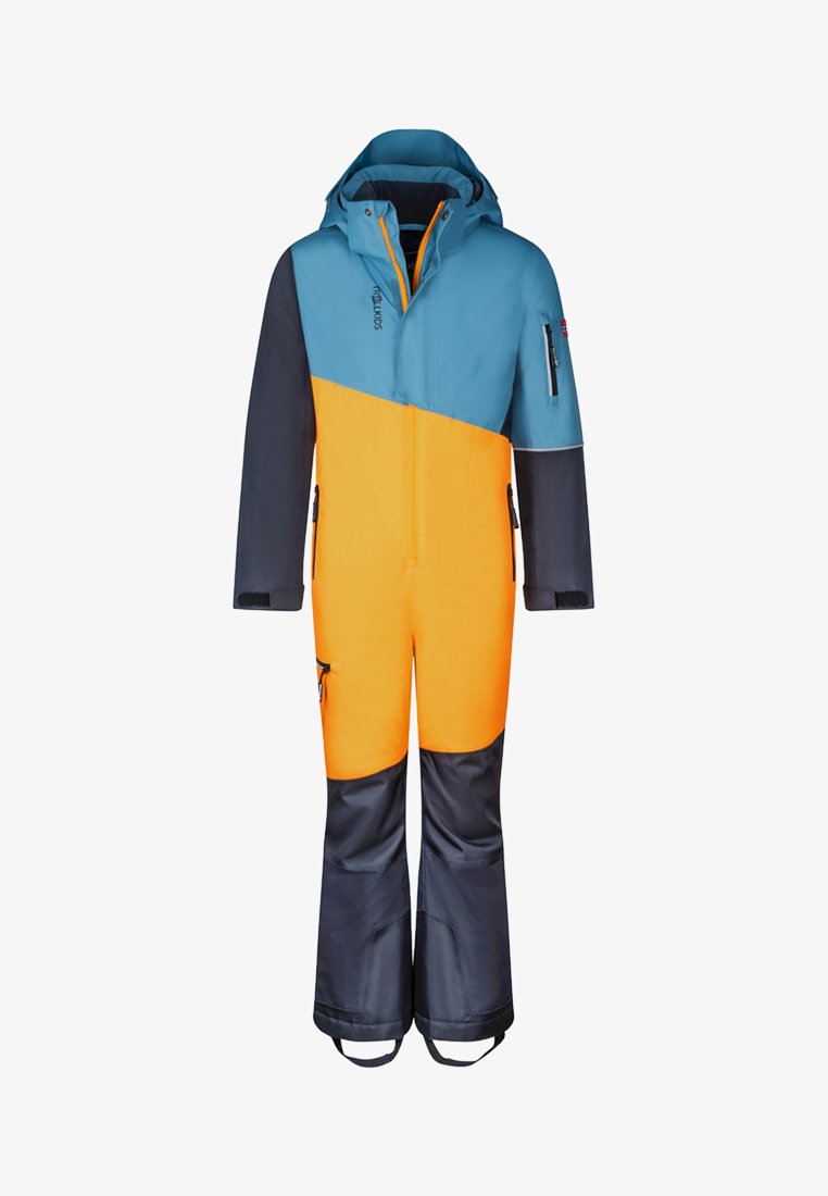 Children's ski suit, featuring a waterproof design. Blue, orange, and navy color block pattern. Zippered pockets and adjustable cuffs.