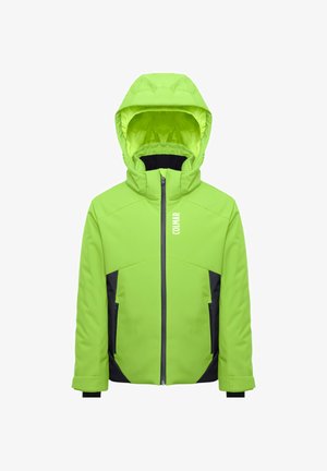 Giacca isolante verde brillante con cappuccio, dettagli neri sulle tasche, chiusura frontale con cerniera e logo sul petto. Texture liscia.