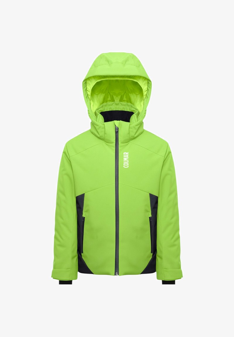 Giacca isolante verde brillante con cappuccio, dettagli neri sulle tasche, chiusura frontale con cerniera e logo sul petto. Texture liscia.