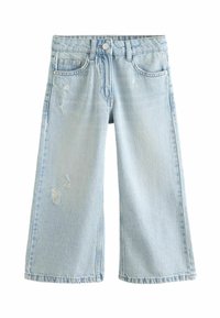 Ljust blå vida jeans med medelhög midja, försedda med slitna detaljer, fem fickor och en enda metallknapp. 