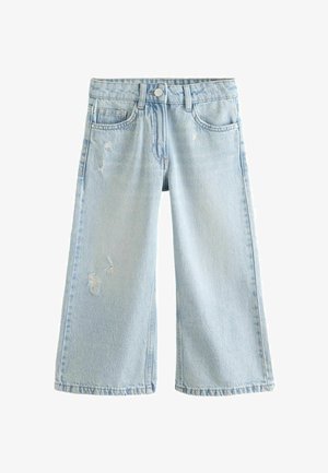 Jeans largi de culoare albastră deschisă, cu talie medie, având detalii distruse, cinci buzunare și un închizător metalic singular.